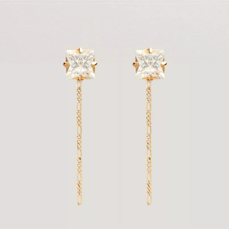 Brinco Solitário Quadrado com Corrente